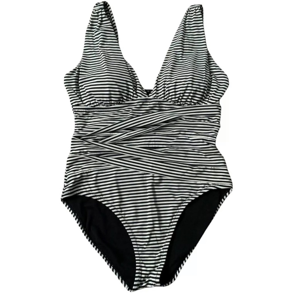 Garnet Hill Women One Piece Bathing Suit Stripe Black White Ruche Padded Size 12